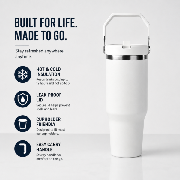a Custom 30 oz Stainless Steel Travel Tumbler with Handle – Personalized Insulated Cup